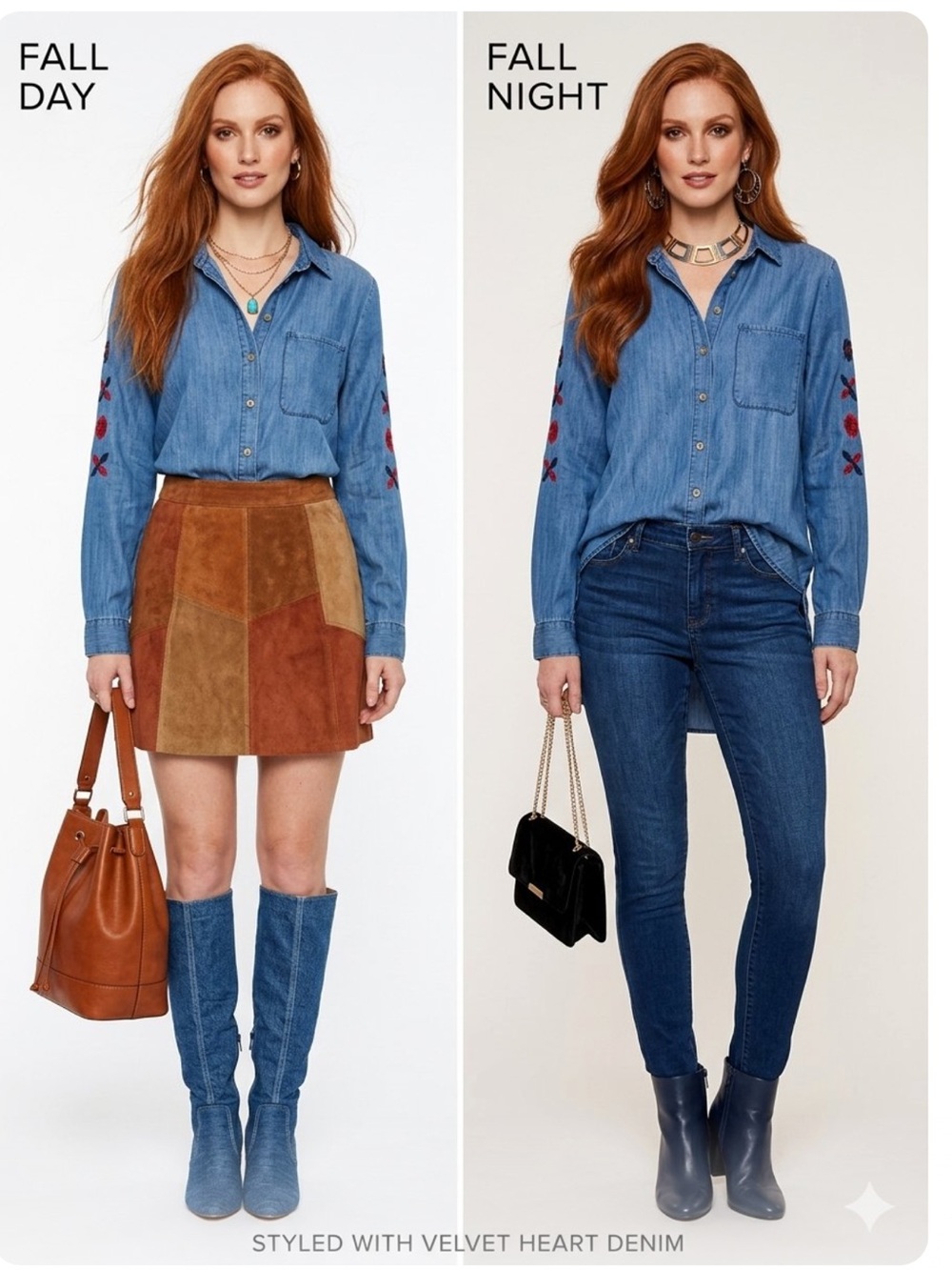 Velvet Heart Denim with Red and Black Floral Embroidery High Low Effect R $58
